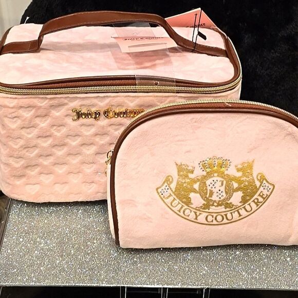 Juicy Couture Heritage & Heart Embossed Velour Double Travel Cosmetic Bags - Picture 3 of 9